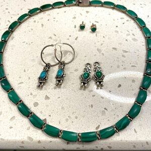 SS malachite necklace, earring studs, and hoop earrings with earring jackets